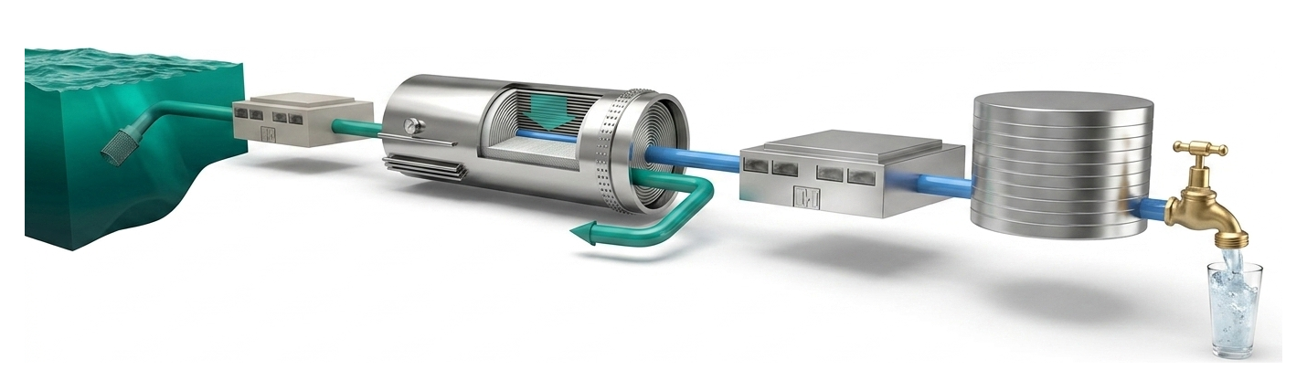 Desalination process — from salt water intake to fresh water at the tap